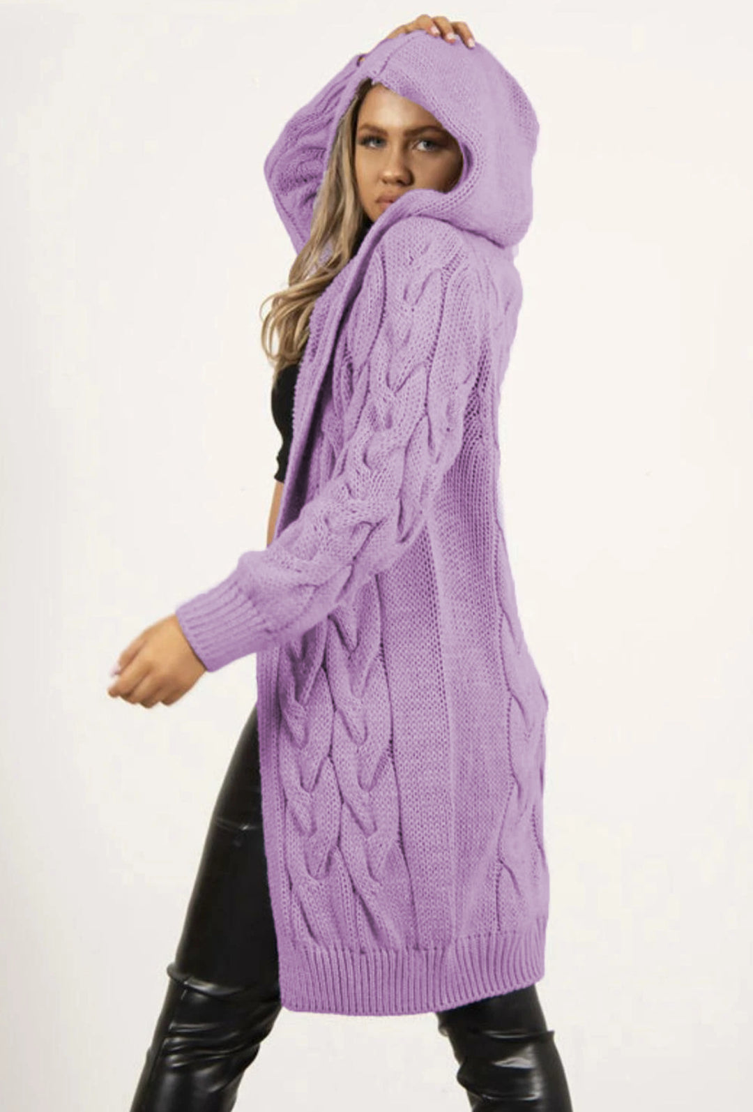 Ladies Chunky Knit Cardigan with Hood and Practical Pockets Lune London