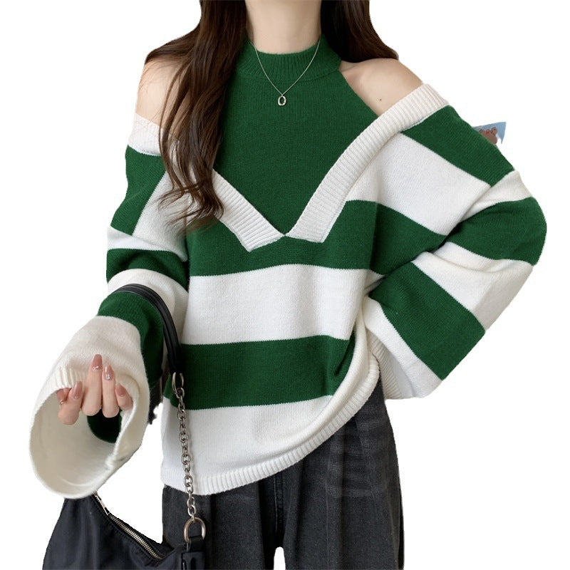 Ladies Oversized V-neck Pullover with trendy striped pattern and open shoulder design Lune London