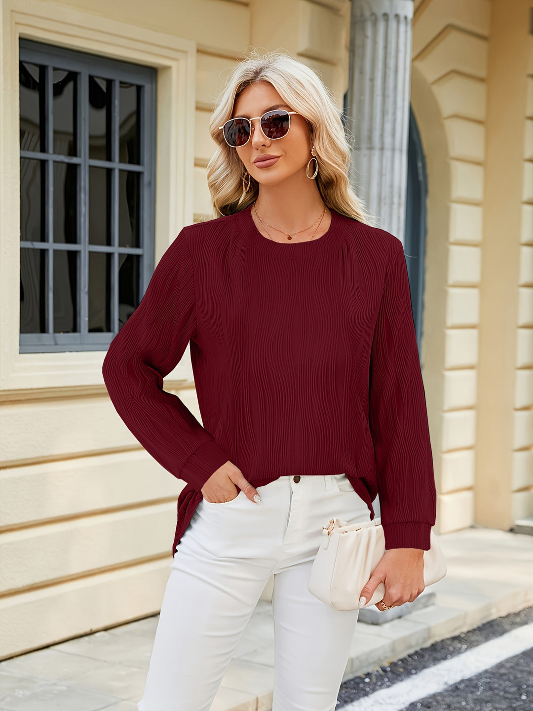Ladies Elegant Long Sleeve Blouse with Fine Ribbed Structure and Chic Side Slits and Style