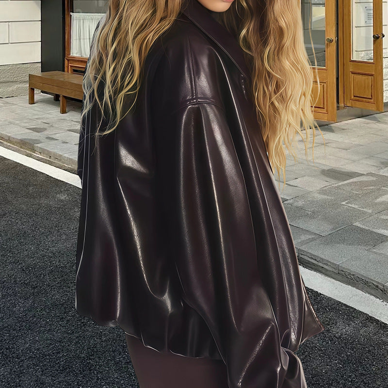 Ladies Chic and Stylish Oversized Faux Leather Jacket