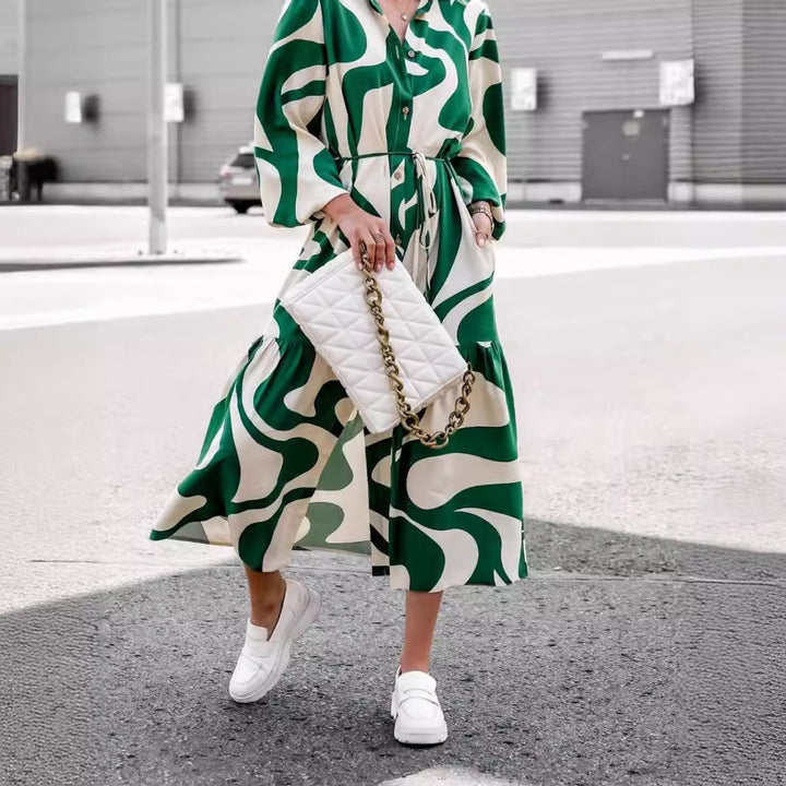Women's Long Sleeve Dress with Sophisticated Graphic Design and Elegant Waist Belt Lune London