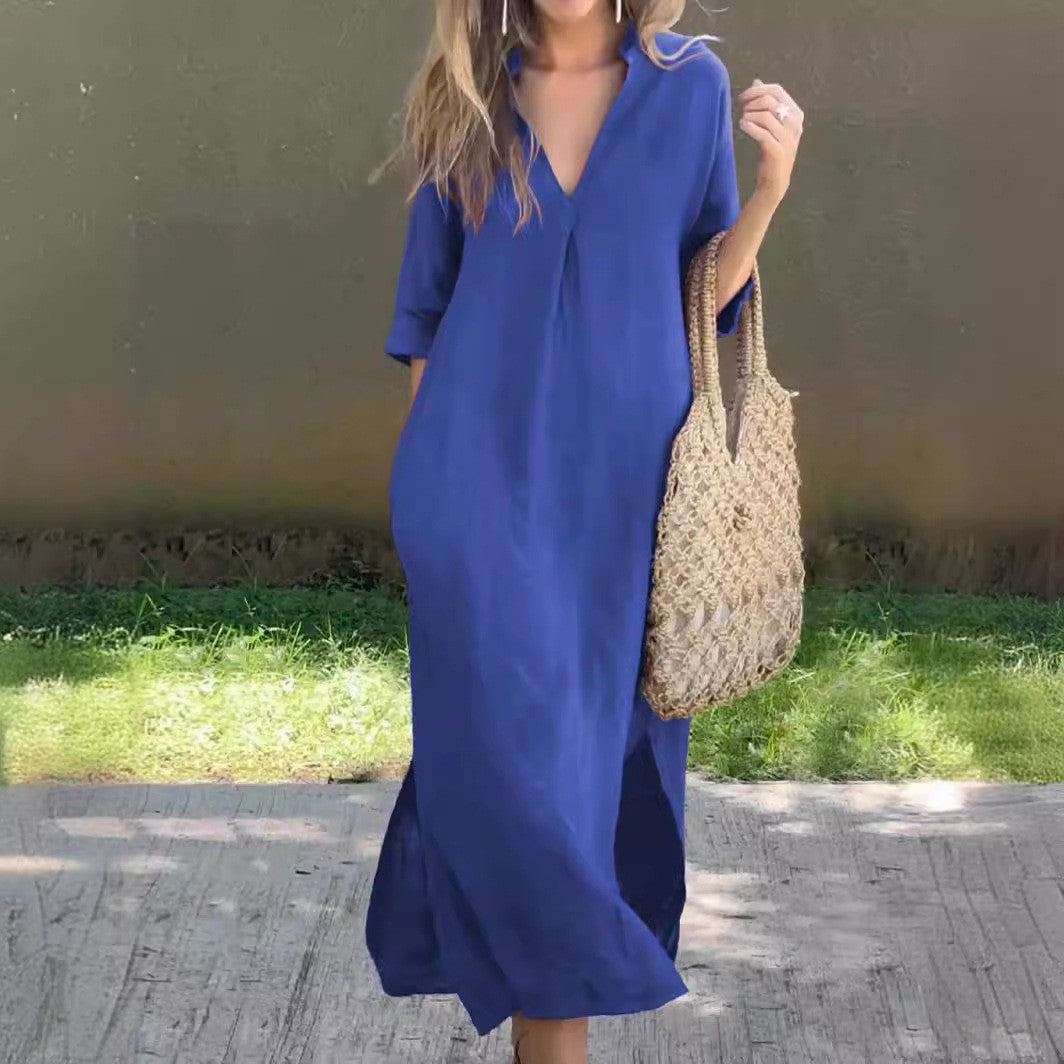 Casual maxi dress for women with V-neck and side slits Lune London