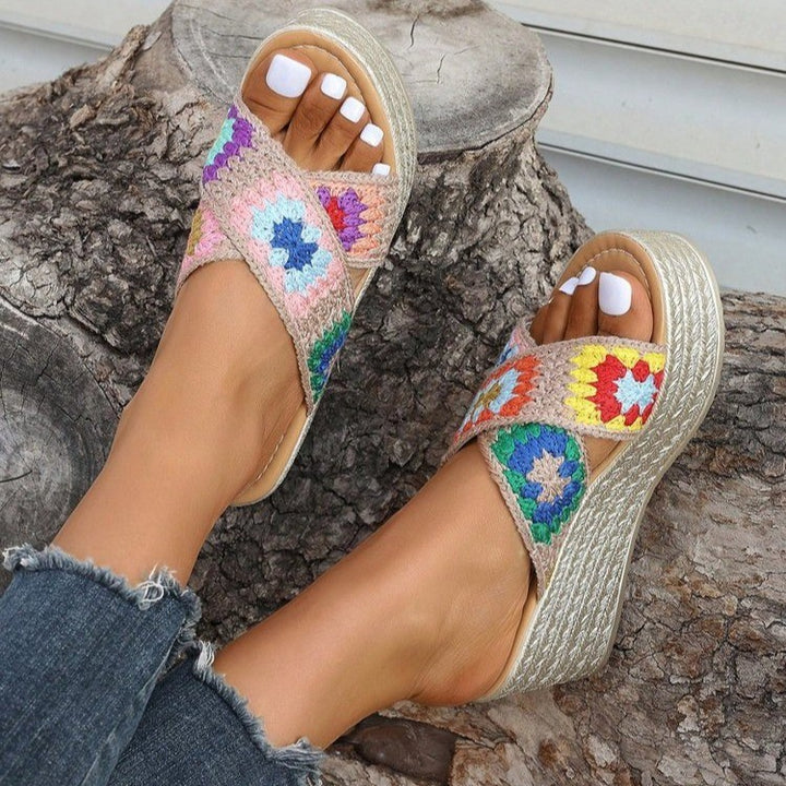 Comfortable wedge sandals for women with a colorful crochet design Lune London