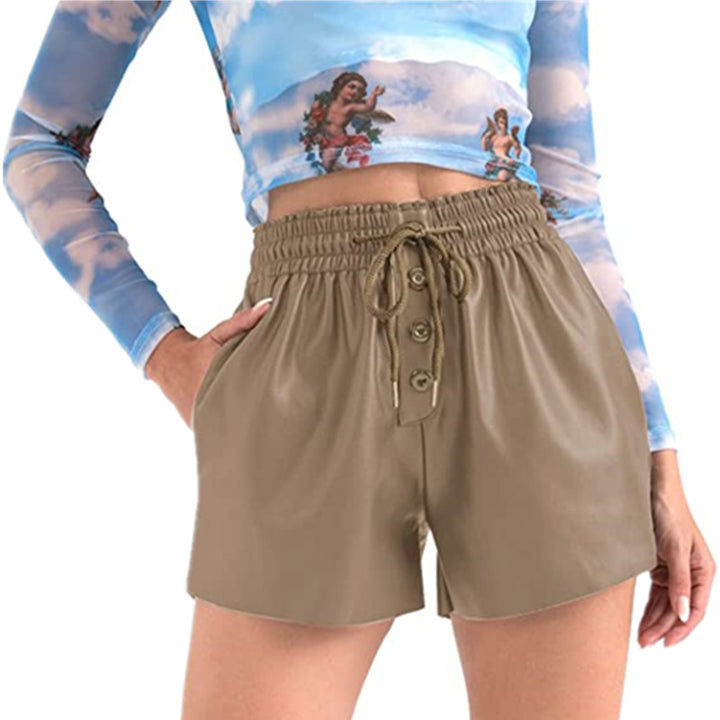 Casual women's shorts in innovative synthetic leather with an elastic waistband and practical button details Lune London