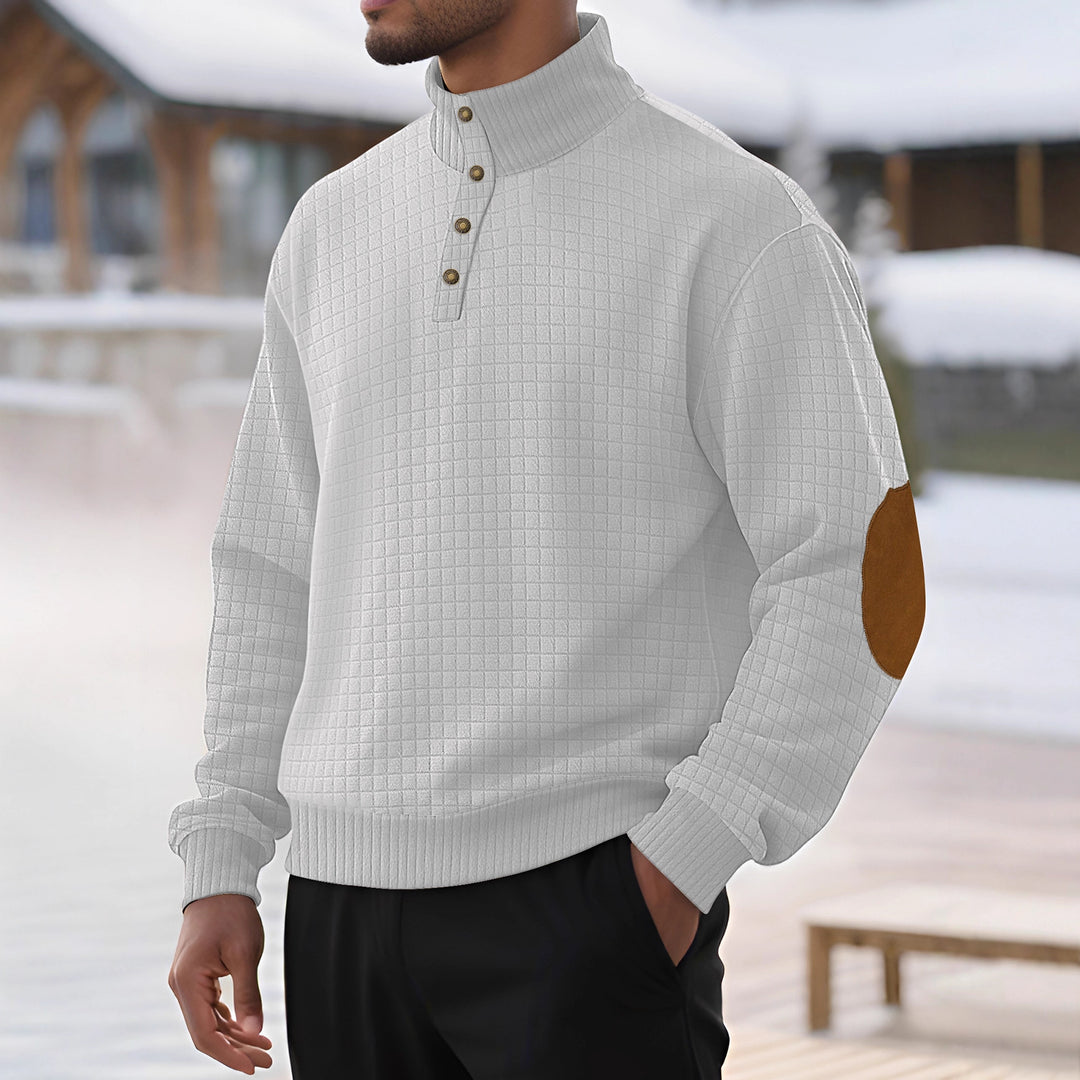 Modern high collar sweater for men with textured design and leather applications Lune London
