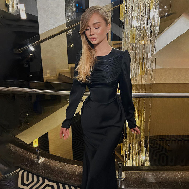 Ladies Elegant Maxi Dress with refined draping details and long sleeves Lune London