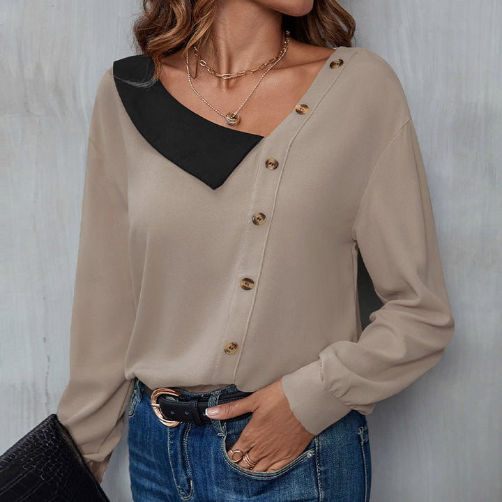 Elegant blouse for women with asymmetrical collar and button placket Lune London