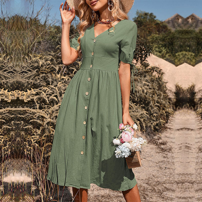 Buttoned A-line midi dress for ladies with ties