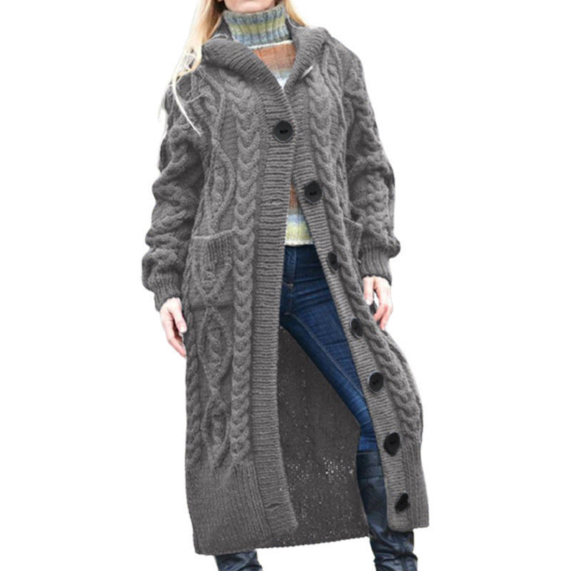 Ladies Long Cardigan with Cable Knit Pattern and Spacious Pockets Lune London
