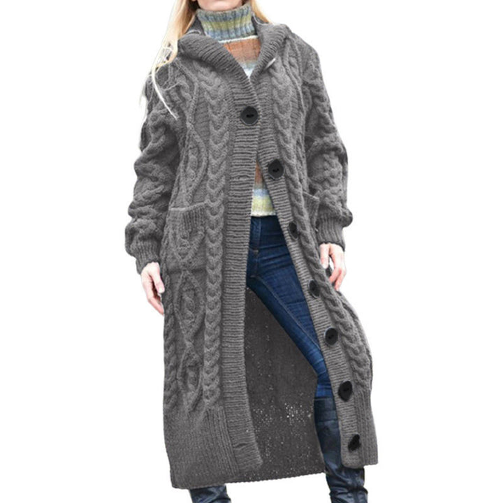 Ladies Long Cardigan with Cable Knit Pattern and Spacious Pockets Lune London