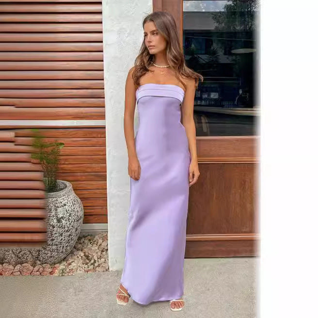 Ladies Elegant Maxi Dress with Slim Waistband and Strapless Design Lune London