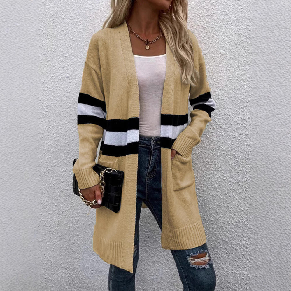 Knitted cardigan for women with sporty stripes and open pockets Lune London