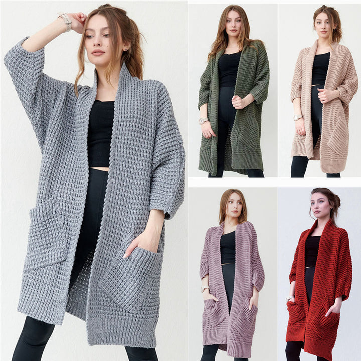Ladies chunky knit cardigan with open fronts and practical pockets Lune London