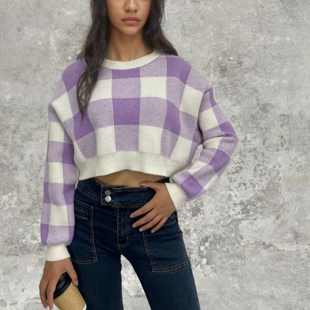Lune London long sleeve cropped sweater for women with checked pattern