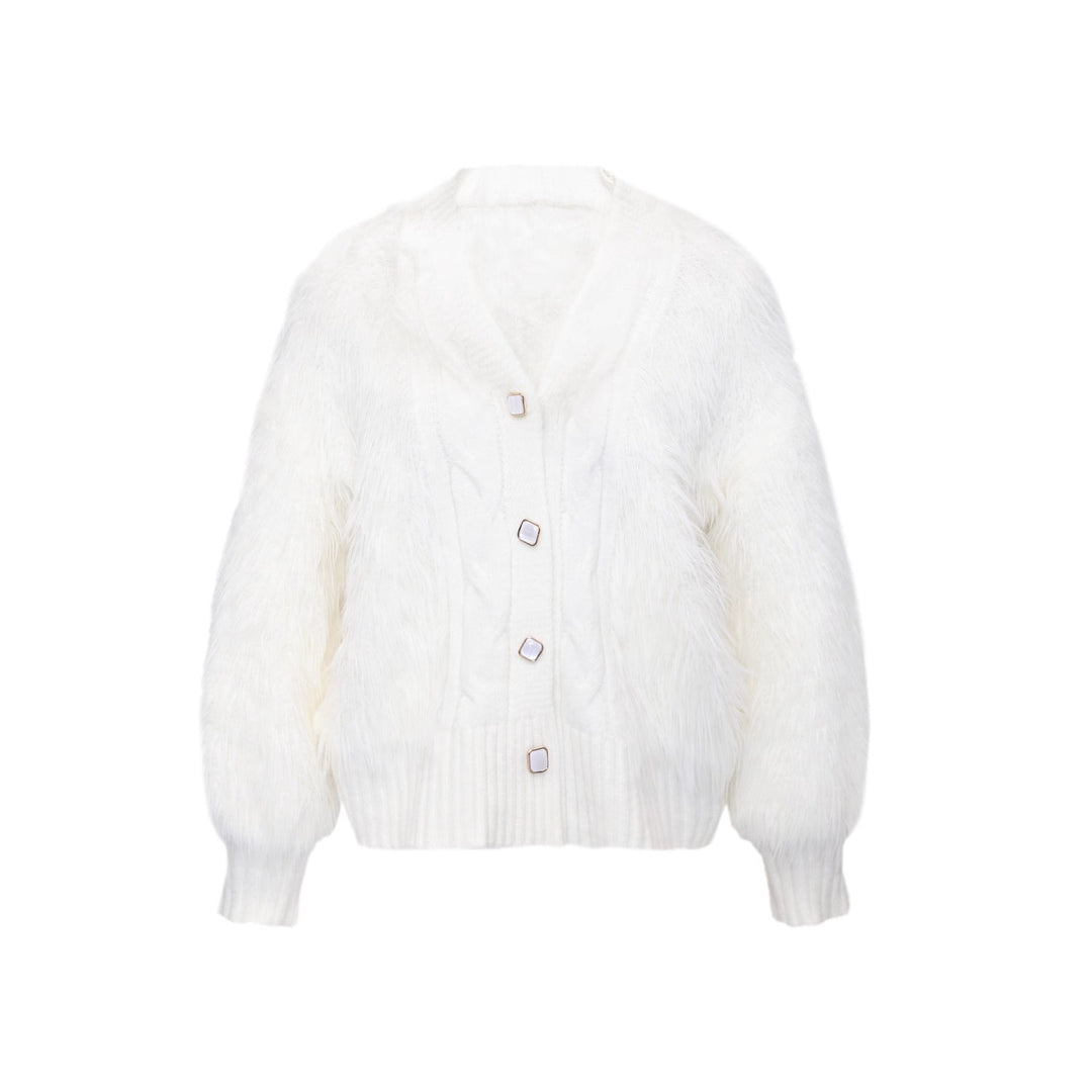 Knitted jacket for women with fluffy sleeves and button closure Lune London
