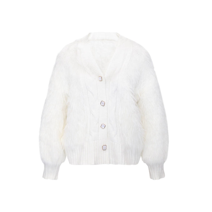 Knitted jacket for women with fluffy sleeves and button closure Lune London
