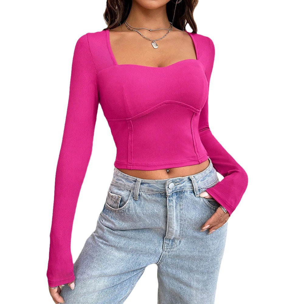 Chemise à manches longues cropped pour femmes avec décolleté carré et texture côtelée raffinée Chic & Stil