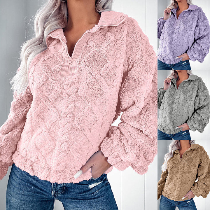 Ladies Plush Fleece Sweater with Zipper and Quilted Design Lune London