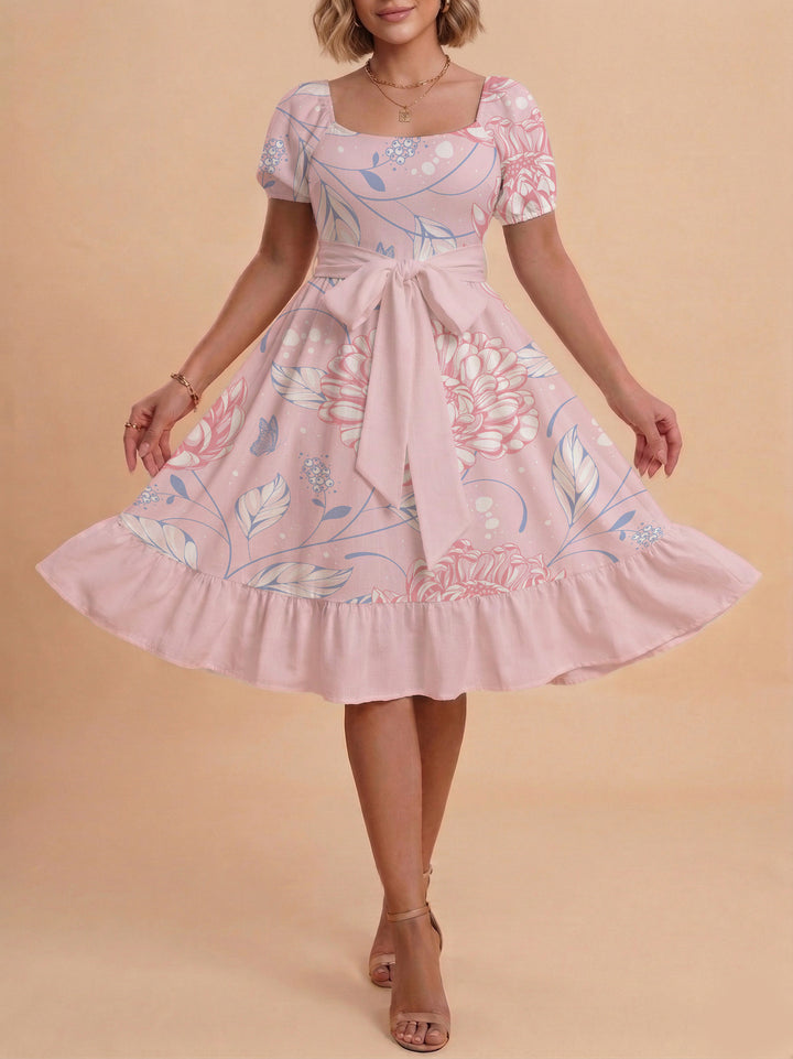 Women's Midi Dress with Elegant Floral Print and Fitted Belt Lune London