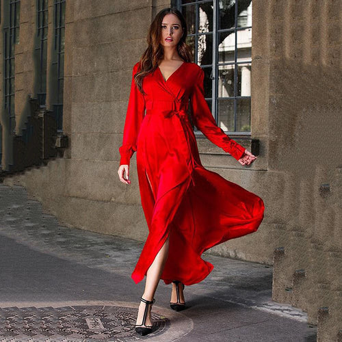 Maxi dress for women with an elegant wrap design and refined side slits Lune London