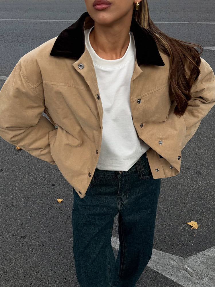 Trendy oversized women's jacket with velvet collar and snap button closure Lune London