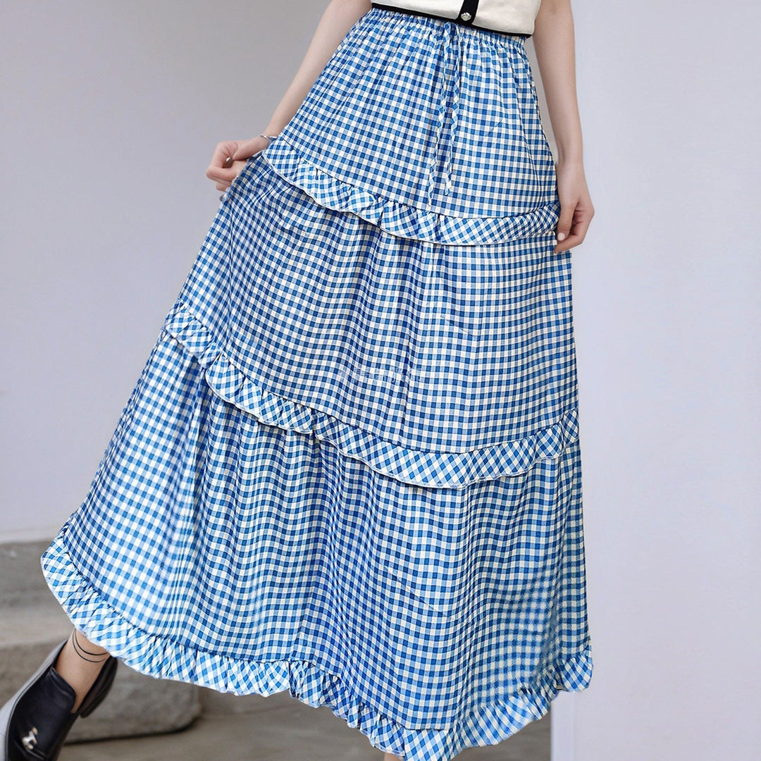 Women Long Plaid Skirt with Voluminous Tiered Design Chic & Stil