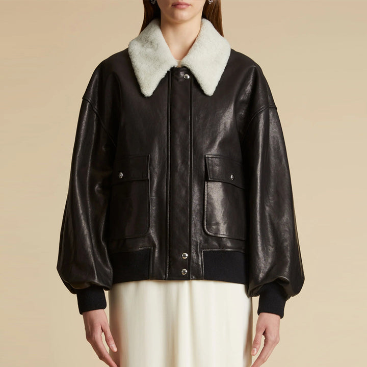 Trendy leather jacket for women with voluminous sleeves and Teddy collar Lune London