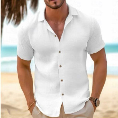 Short sleeve linen shirt for men with modern collar and button placket Lune London