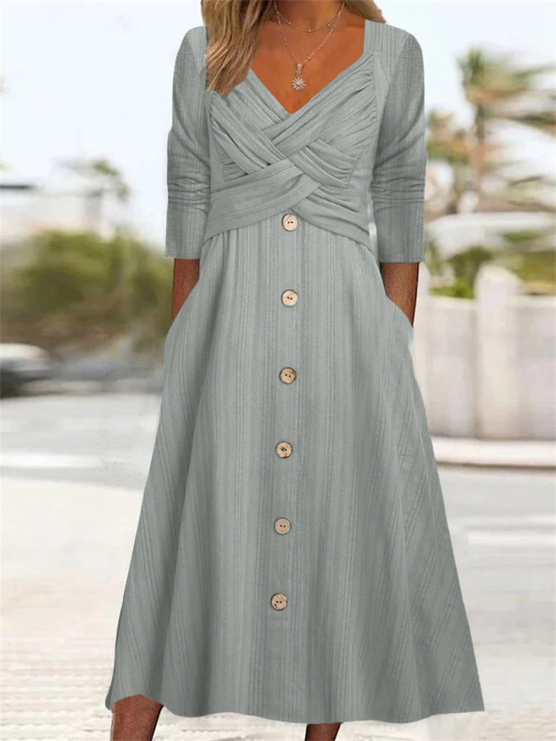 Maxi button dress for women with crisscross top detail Lune London