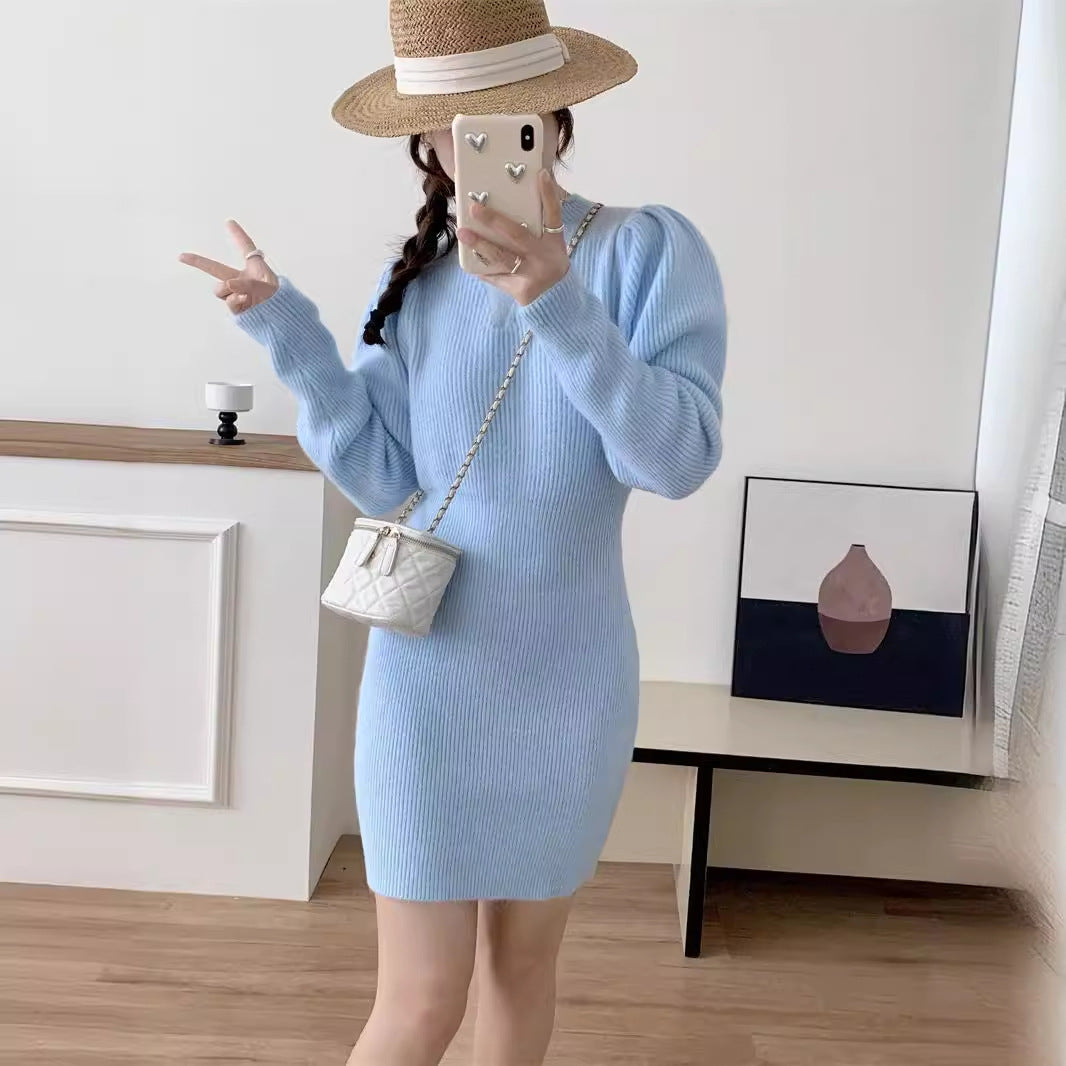Elegant knitted dress for women with a fitted silhouette and puff sleeves Lune London
