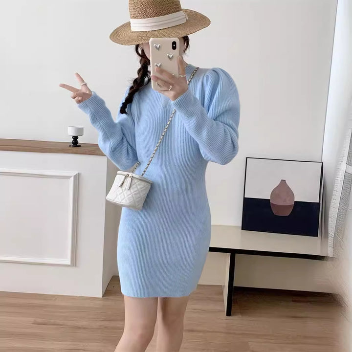 Elegant knitted dress for women with a fitted silhouette and puff sleeves Lune London