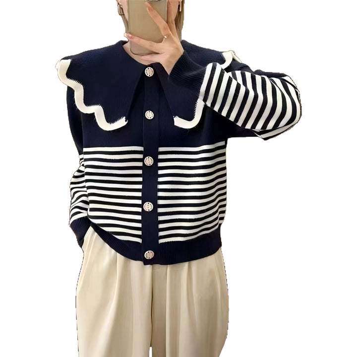 Knitted jacket for women with a large ruffled collar and contrasting stripes Lune London