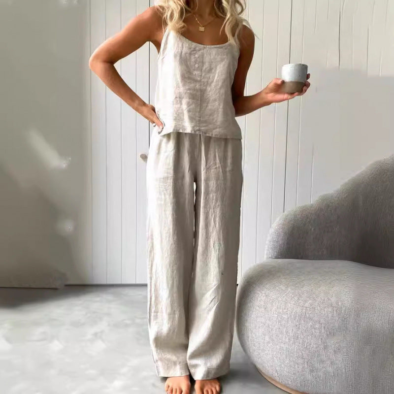 Casual linen set for women with strapless blouse and wide leg pants Lune London