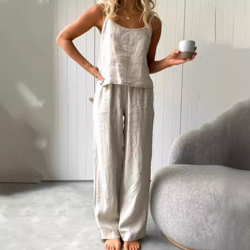 Casual linen set for women with strapless blouse and wide leg pants Lune London