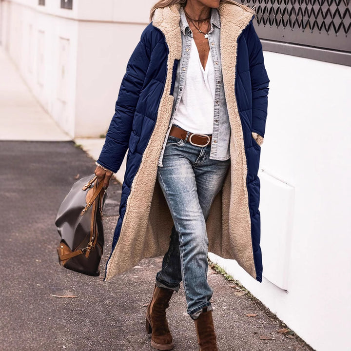 Ladies long down jacket with cozy teddy lining and large collar Lune London