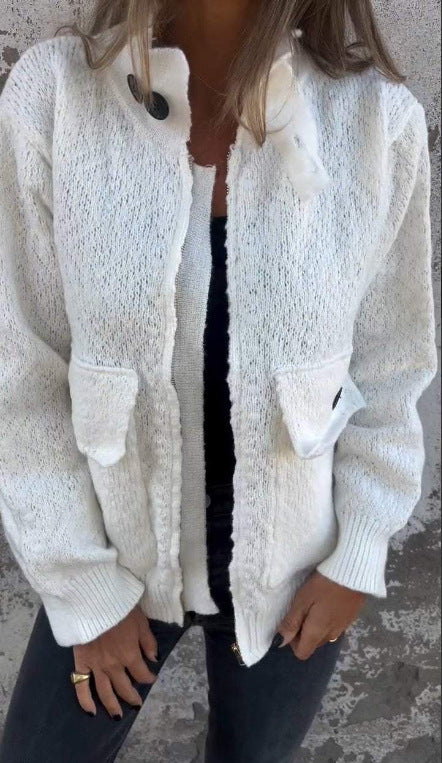 Women's soft cardigan with thermal insulating collar and patch pockets Lune London