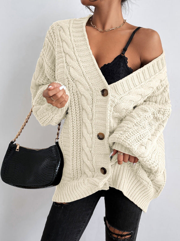 Ladies chunky knit cardigan with wide sleeves and button details Lune London