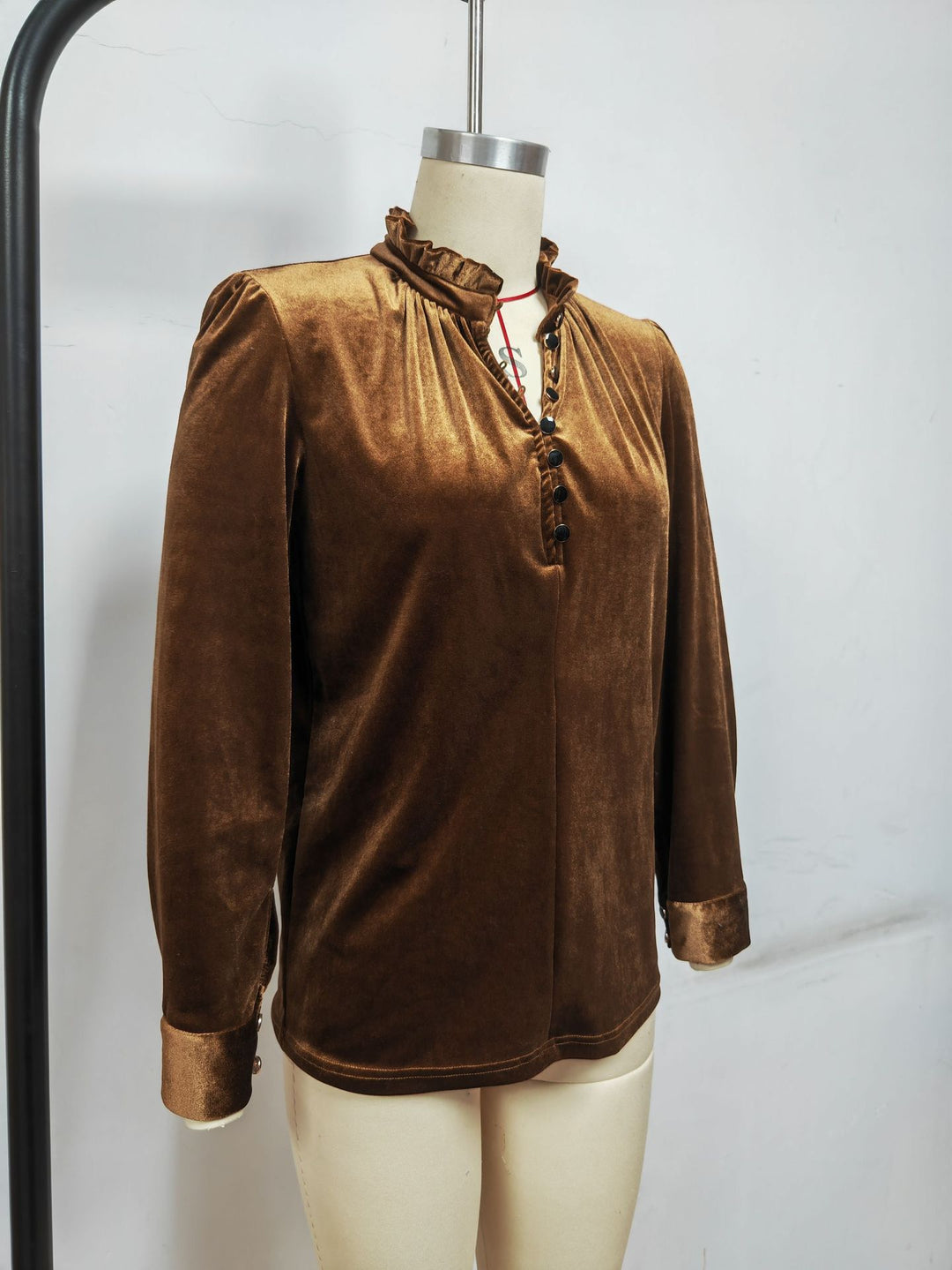 Ladies Elegant velvet top with gathered collar and button details Lune London