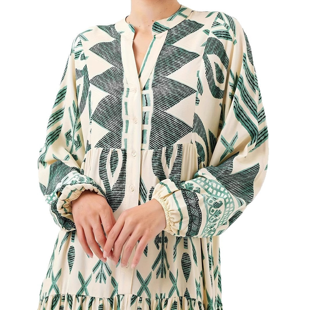 Maxi dress for women with artistic geometric pattern and button details Lune London