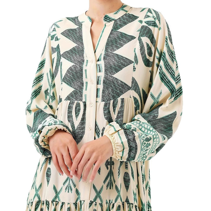 Maxi dress for women with artistic geometric pattern and button details Lune London