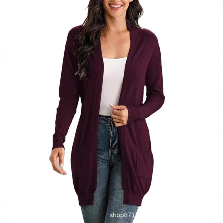 Ladies Long Cardigan with open front and practical pockets Lune London