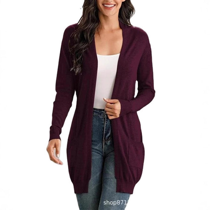 Ladies Long Cardigan with open front and practical pockets Lune London