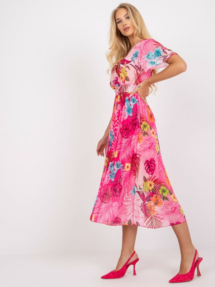 Chic Floral Pleated Maxi Dress for Women with Belt