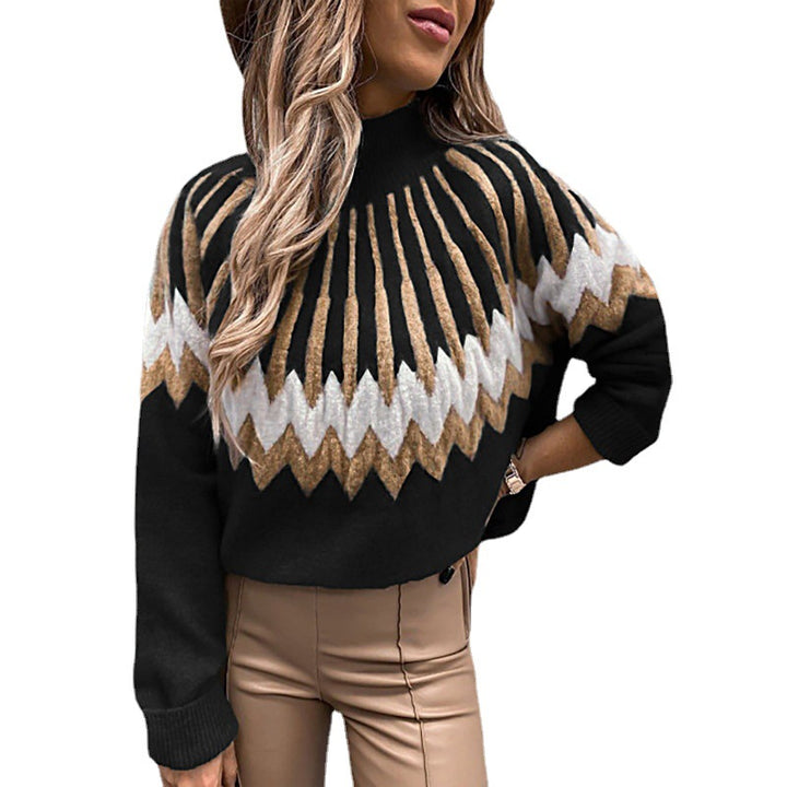 Lune London Thick Knit Sweater for Women with Intense Graphic Design and High Collar