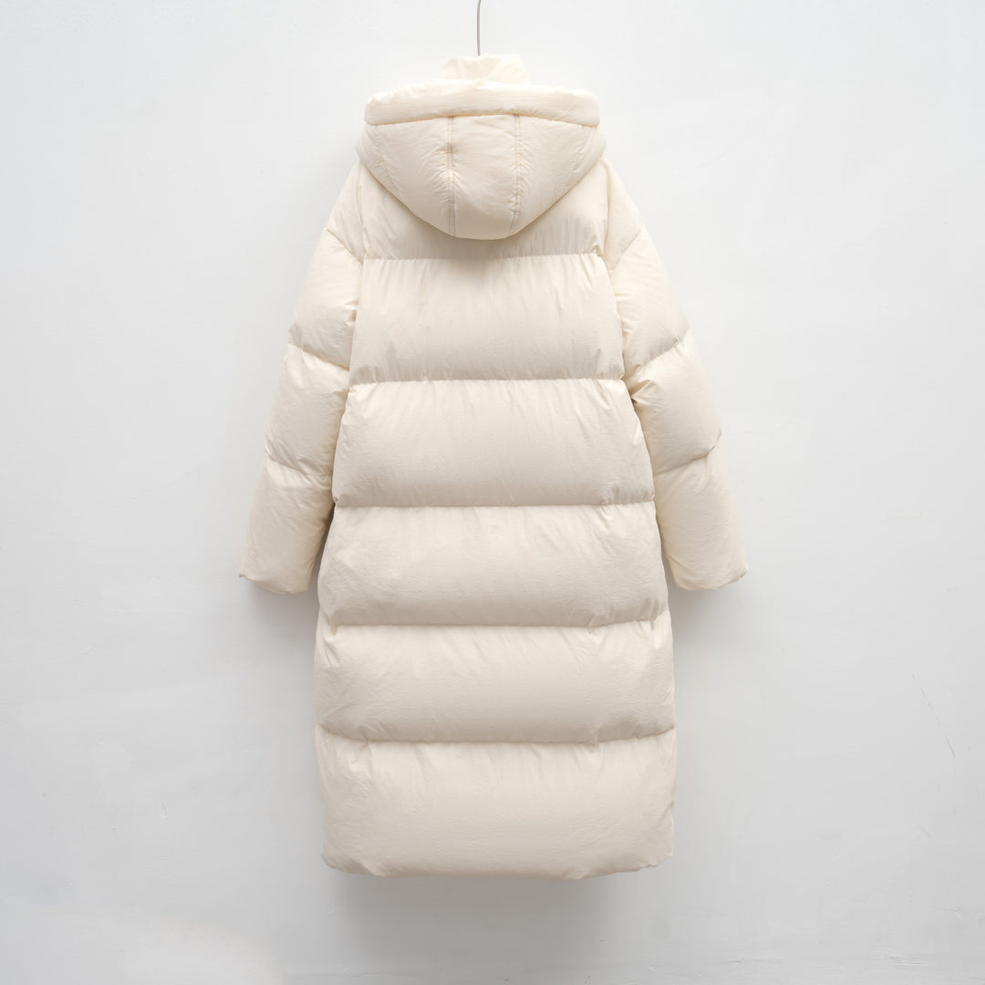 Ladies Long and Bulky Down Coat with Removable Hood and Side Pockets Lune London