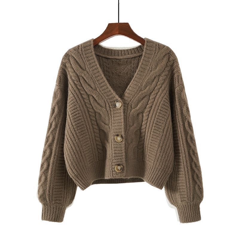 Women's Cardigan with Elaborate Cable Pattern and Deep V-Neck Lune London