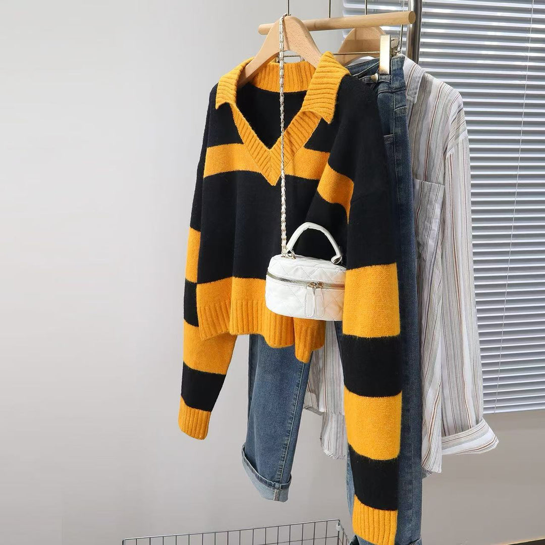 Knit sweater for women with deep V-neck and striped design Lune London