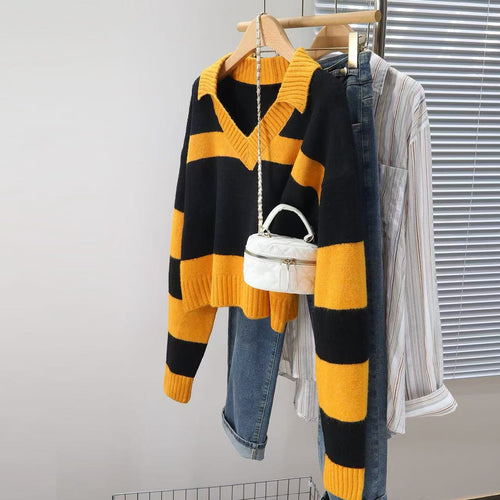 Knit sweater for women with deep V-neck and striped design Lune London