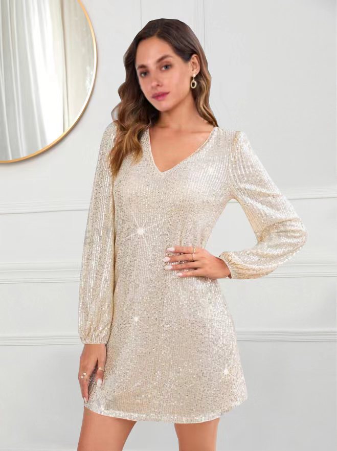 Sparkling tiny dress for women with V-neck and long sleeves Lune London