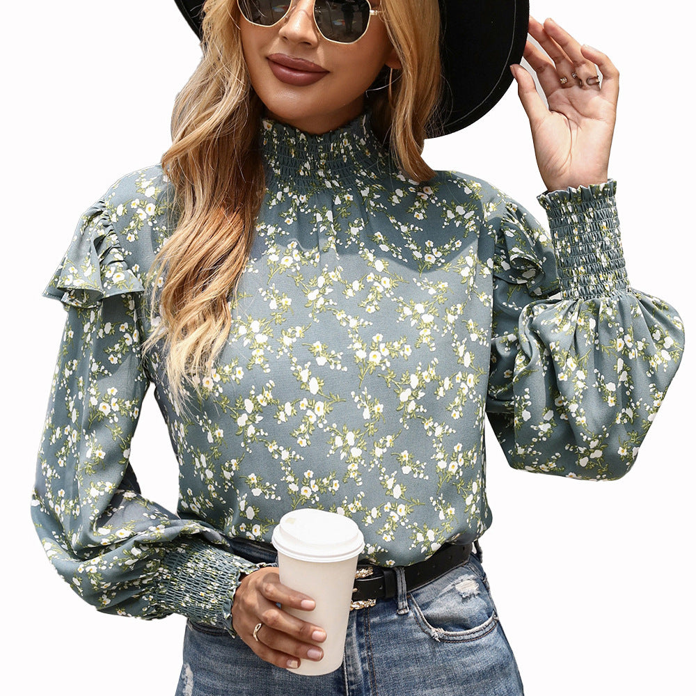 Elegant blouse for women with ruffle detail and high collar Lune London